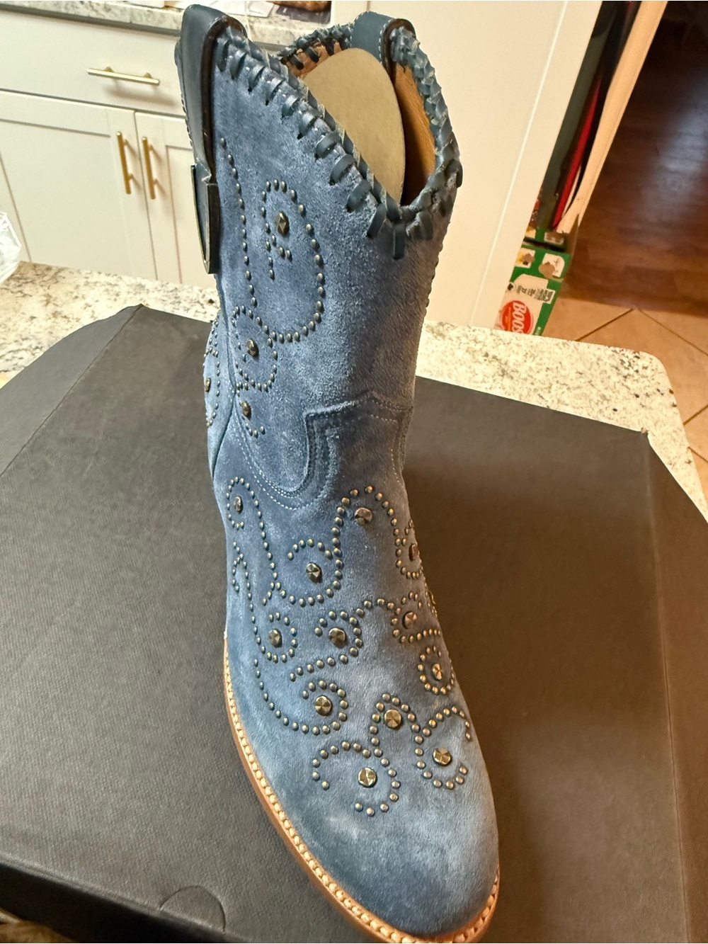 FRYE Blue Suede Studded Western Booties with Tan Sole - Picture 2 of 8